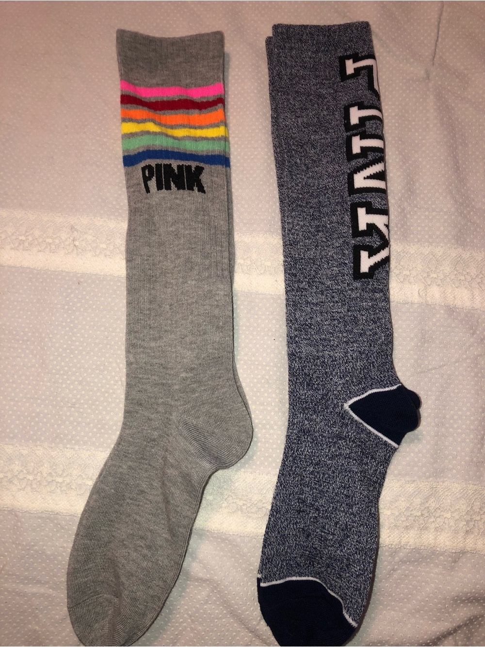 PINK Victoria's Secret Grey Knee High Socks with Rainbow Stripe Accent NWOT
